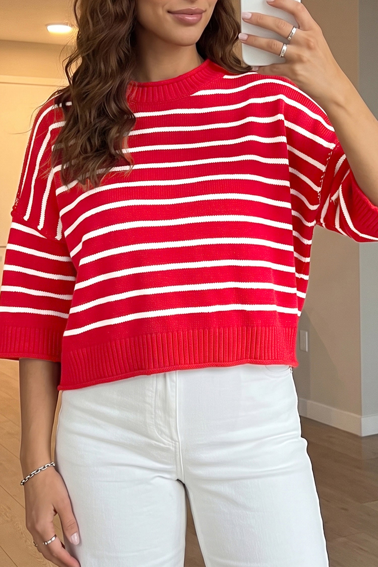Dropped Shoulder Half Sleeve Relaxed Knit Sweater – Red Stripe