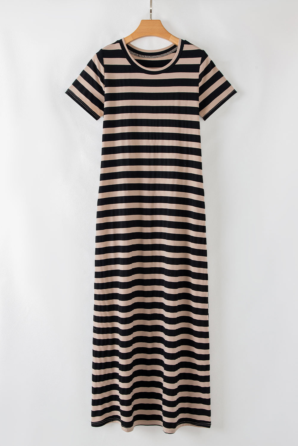 Black Stripe Casual Round Neck T-shirt Maxi Dress with Pockets BB Fashion Outlet