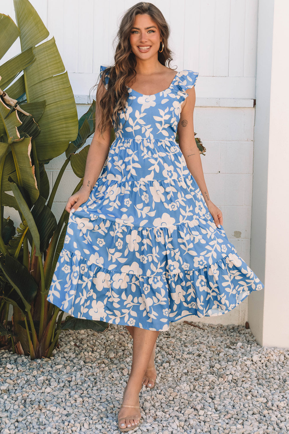 Sky Blue Floral U Neck Flutter Shoulder Tiered Flowy Midi Dress eAura