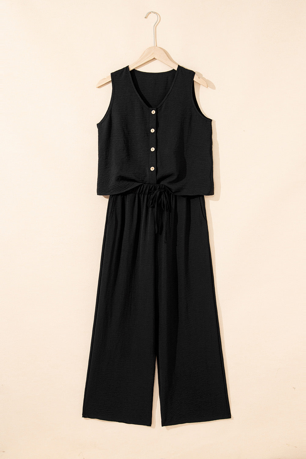 Black Buttoned Vest Drawstring Wide Leg Trousers Co-ord Set eAura