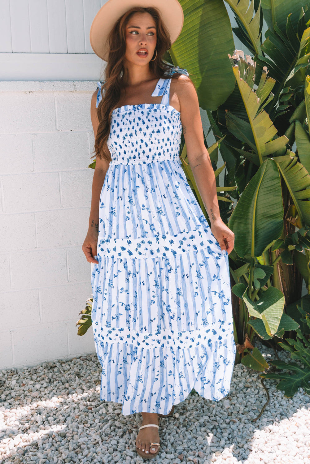 Sky Blue Floral Smocked Tied Straps A-Lined Tiered Maxi Dress eAura