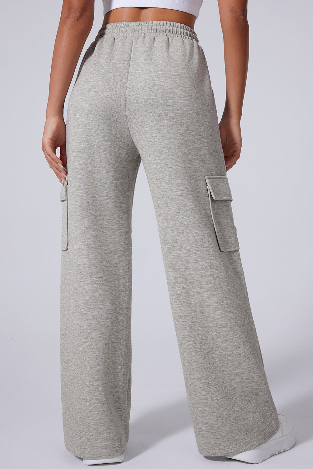 Light Grey Multi Pockets Lace-up High Waist Wide Leg Workout Trousers eAura