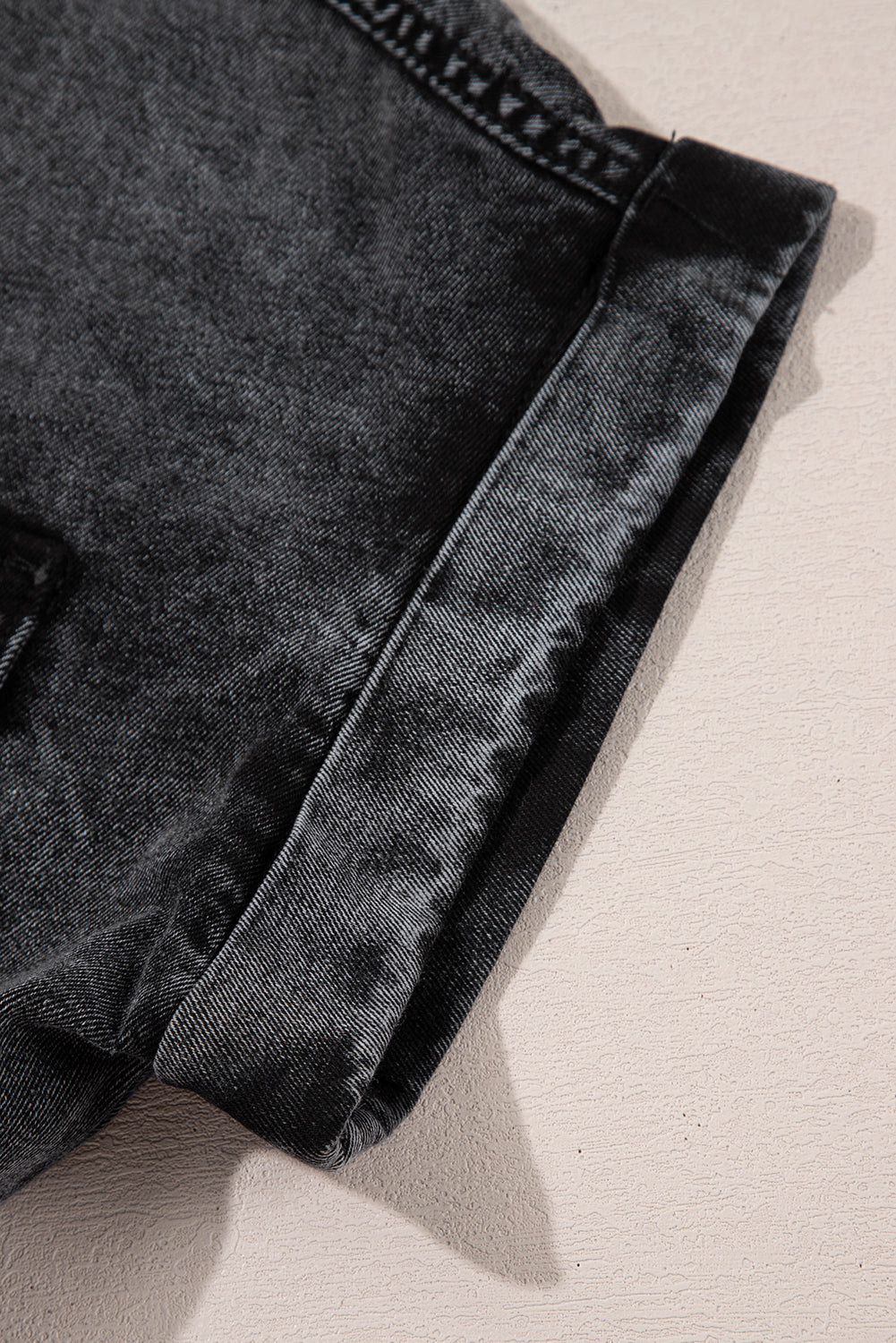 Black Short Sleeve Flap Pocket Button Up Raw Hem Denim Shirt eAura