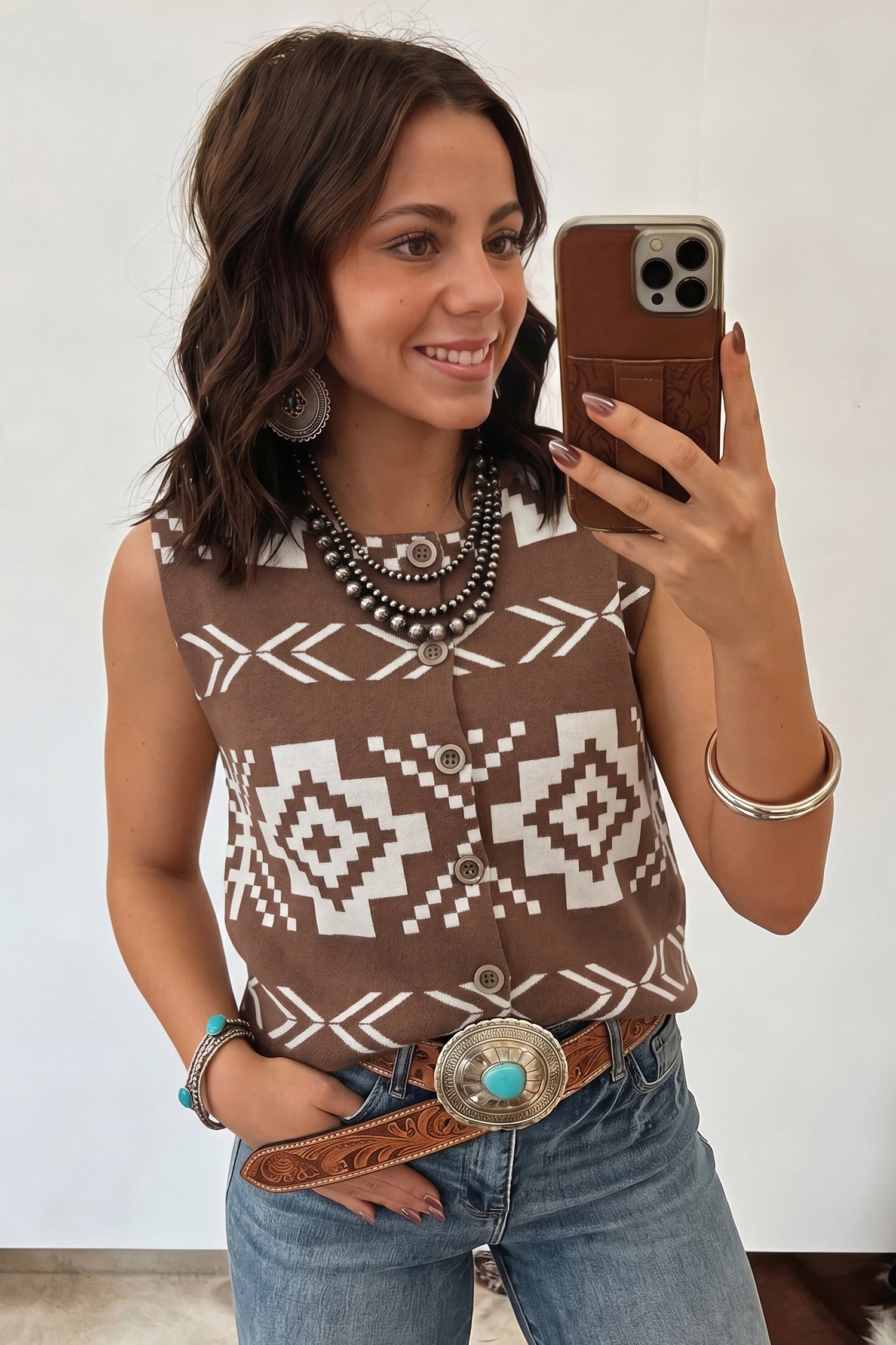 Brown Aztec Button Square Neck Sweater Vest