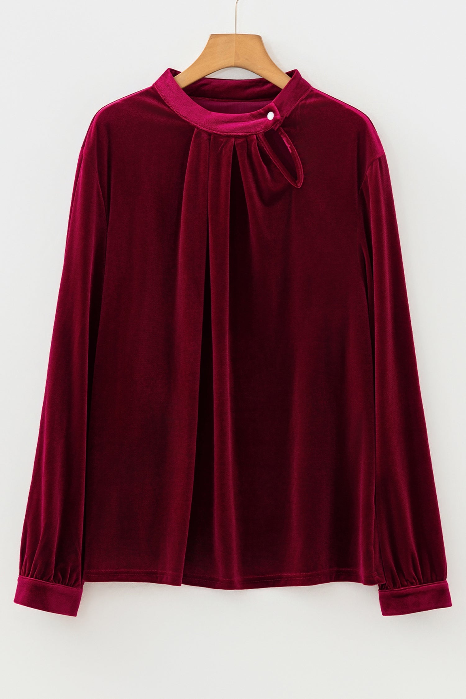 Asymmetric Button Keyhole Neck Long Sleeve Velvet Blouse - Tops/Blouses & Shirts