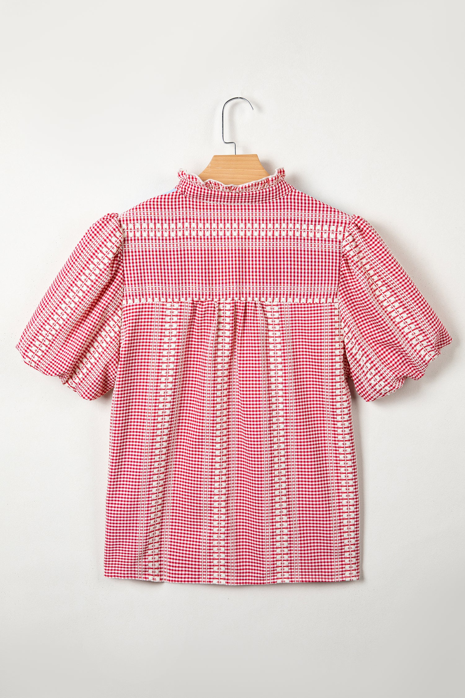 Western Pony Embroidered Yoke Puff Sleeve Gingham Blouse