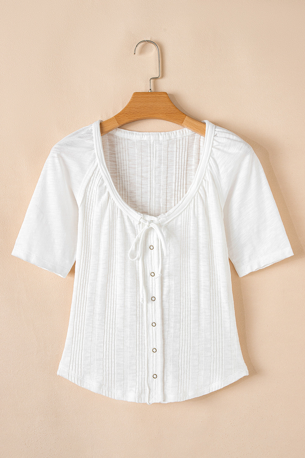 White Snap Button Drawstirng Tie Neck Textured Half Sleeve Shirt eAura