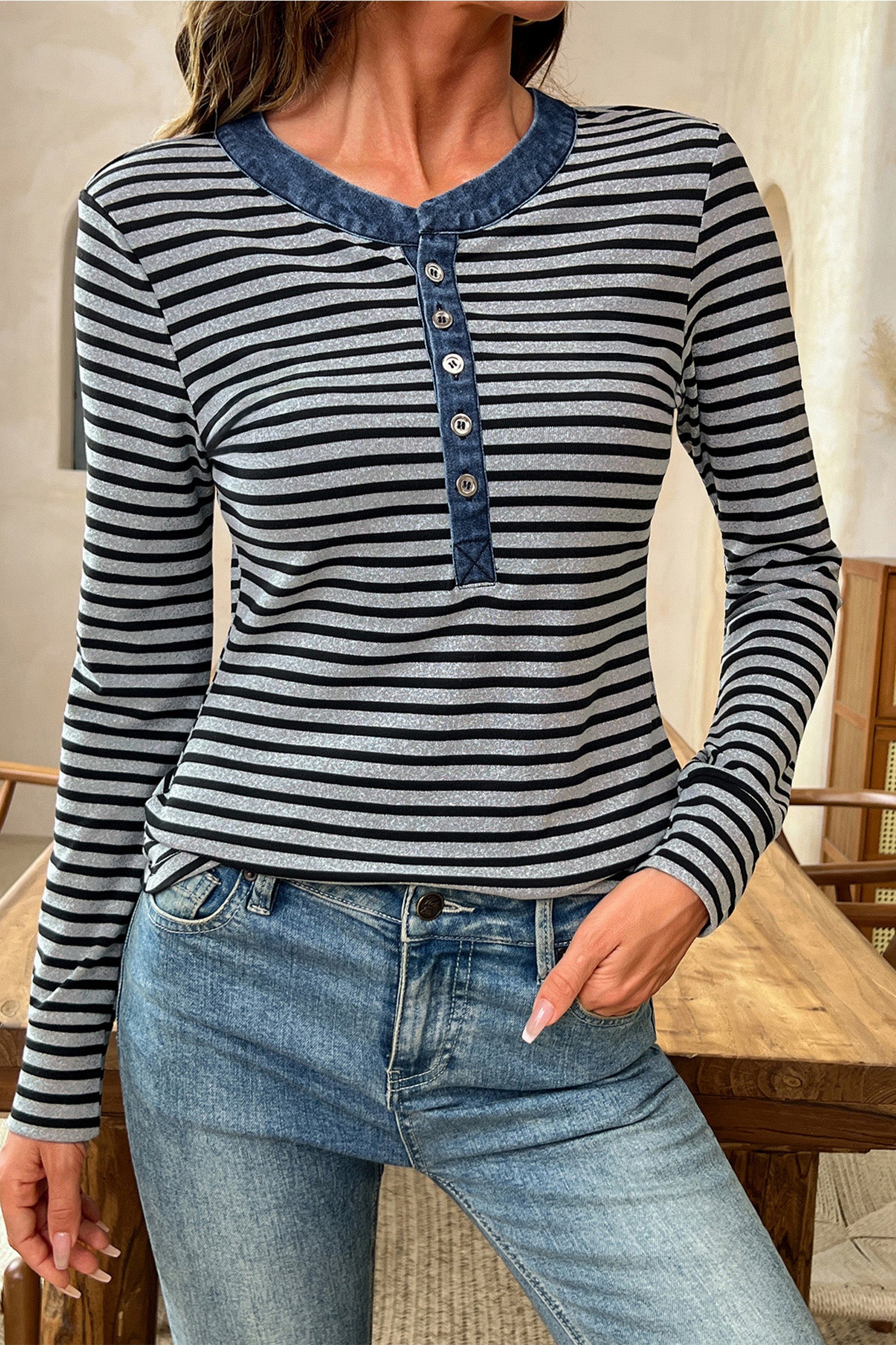 Denim Contrast Collar Half Button Long Sleeve Top – Gray Stripe
