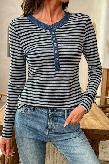 Denim Contrast Collar Half Button Long Sleeve Top – Gray Stripe