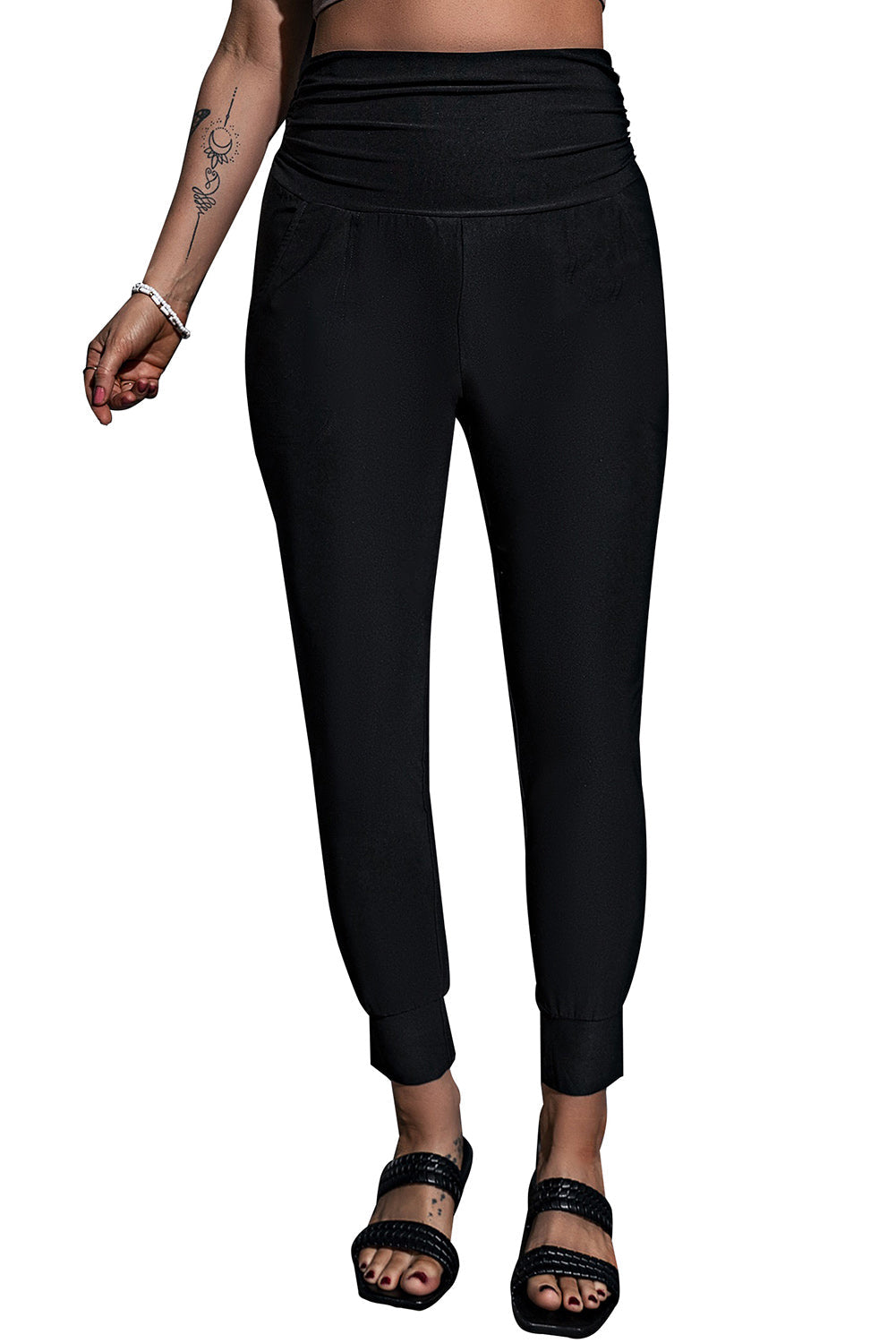 Black High Waist Pleated Pocket Leggings Beagle Boutique Fashion Outlet