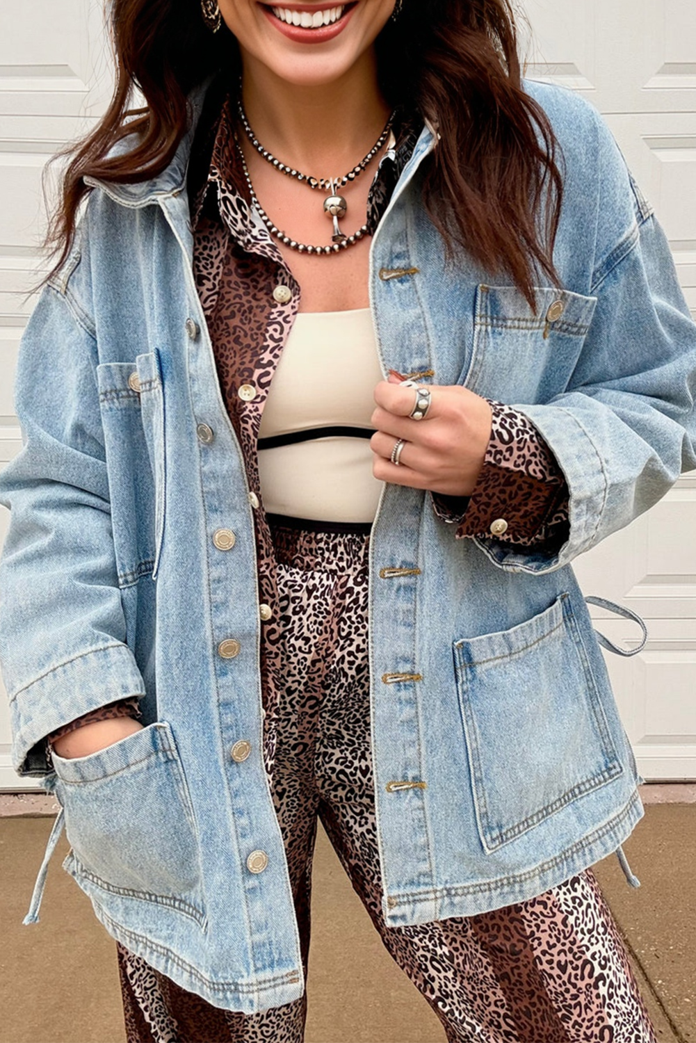 Beau Blue Multi Patched Pockets Side Tie up Boyfriend Style Denim Jacket eAura