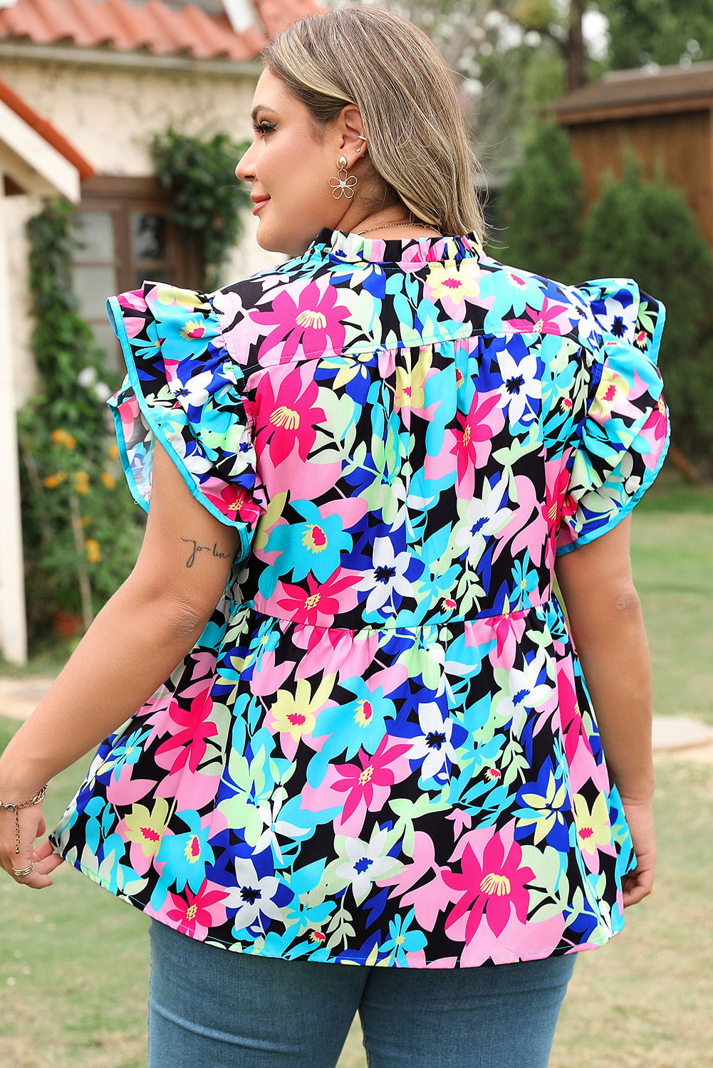 Blue Floral Flutter Sleeve Tied Notched Neck Plus Size Blouse BB Fashion Outlet