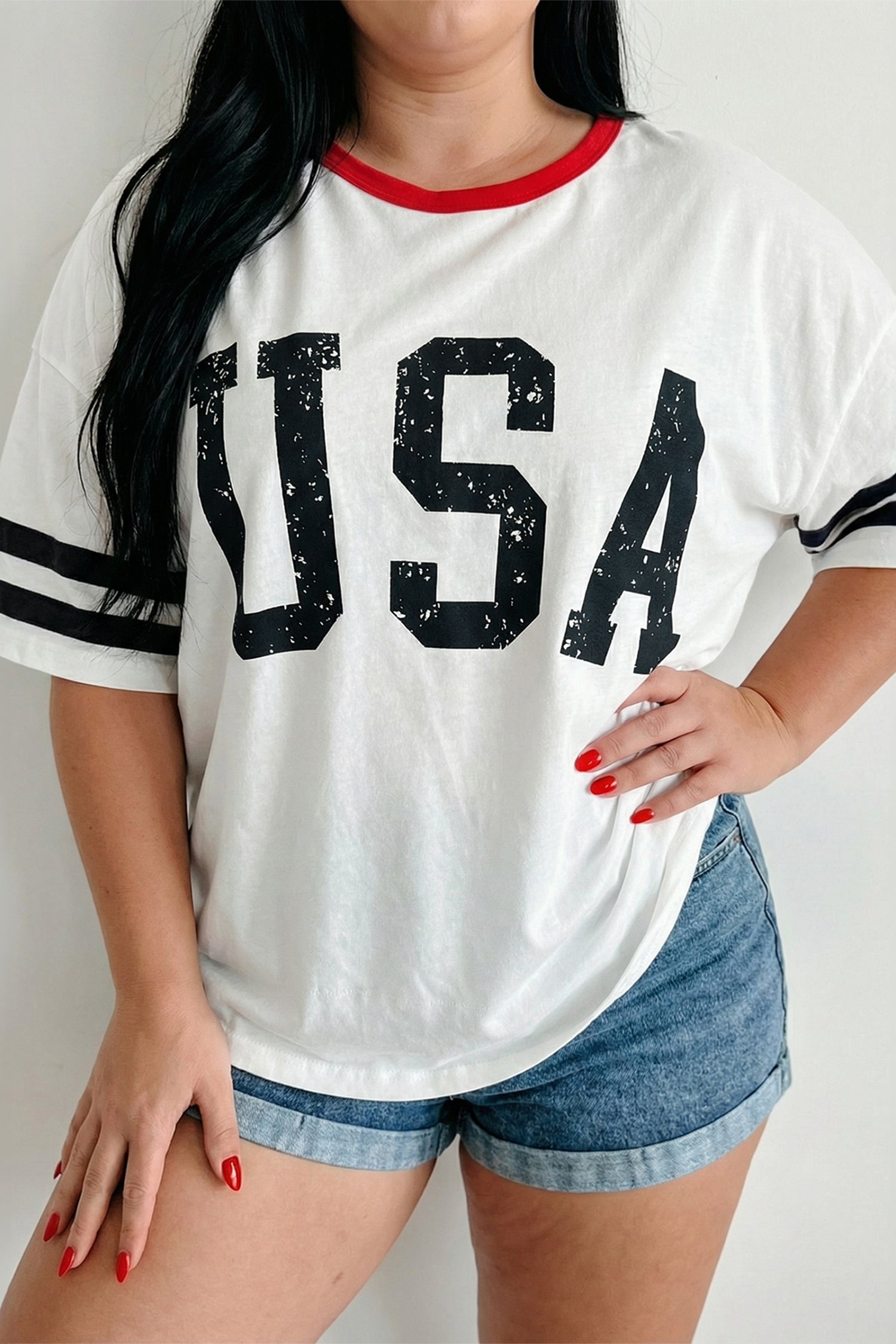 Retro USA Striped Trim Short Sleeve Plus Size Tee – White