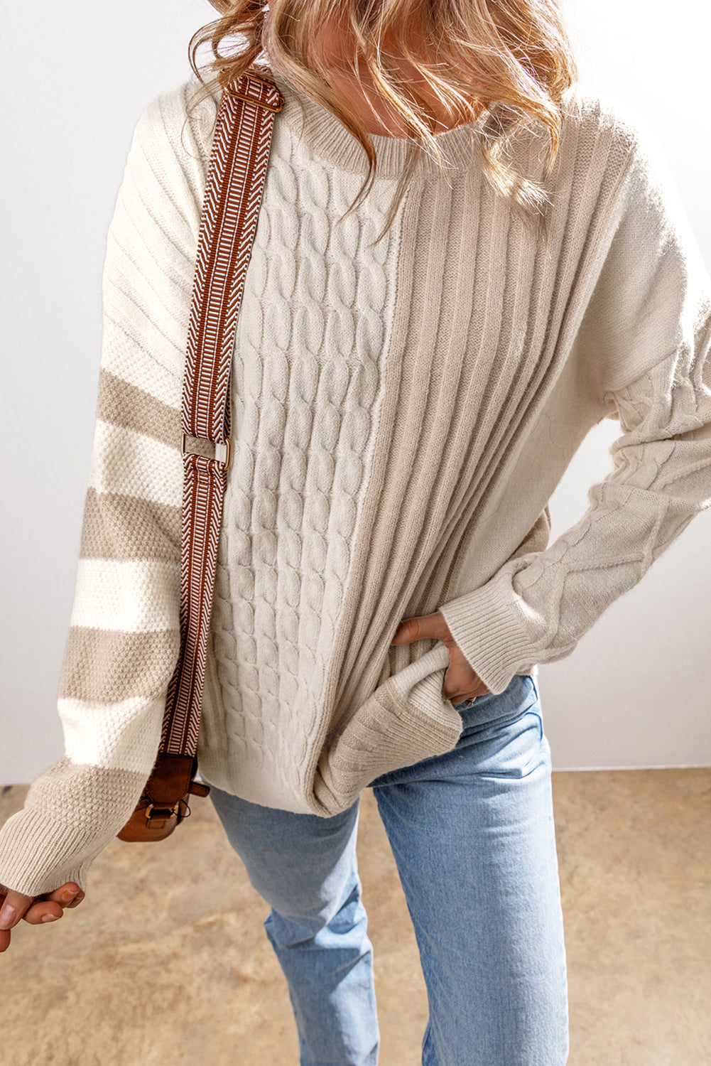 Khaki Cable Knit Colourblock Crew Neck Drop Shoulder Sweater eAura