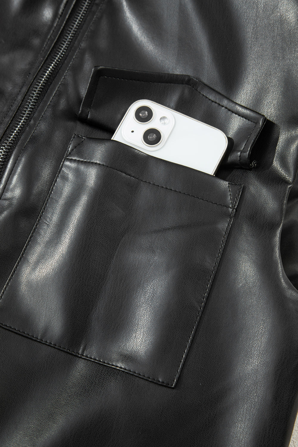 Black Double Flap Pocket Faux Leather Zip Up Stand Neck Vest eAura