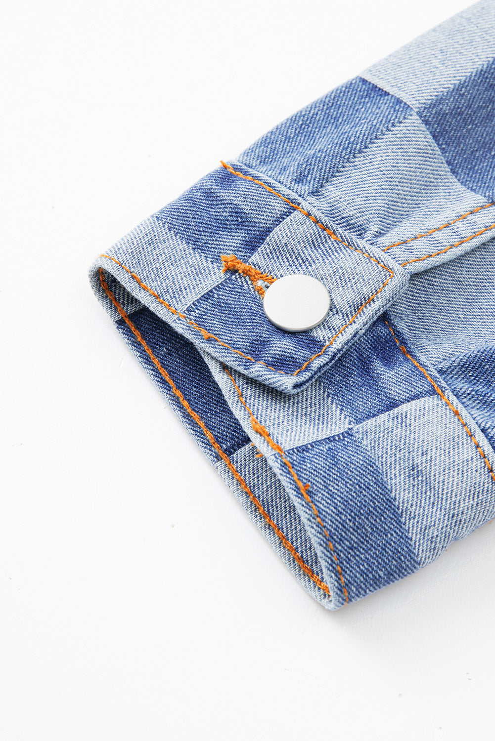 Light Blue Checkered Patchwork Button up Denim Jacket Beagle Boutique Fashion Outlet