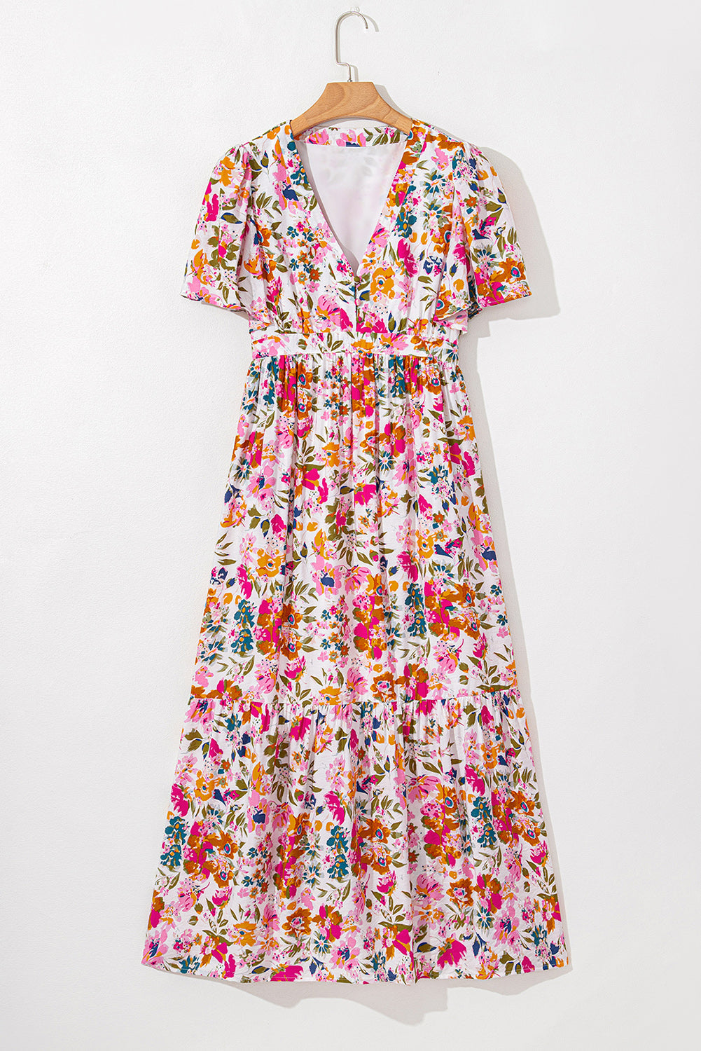 Red Floral Short Sleeve V Neck High Waist Maxi Dress eAura