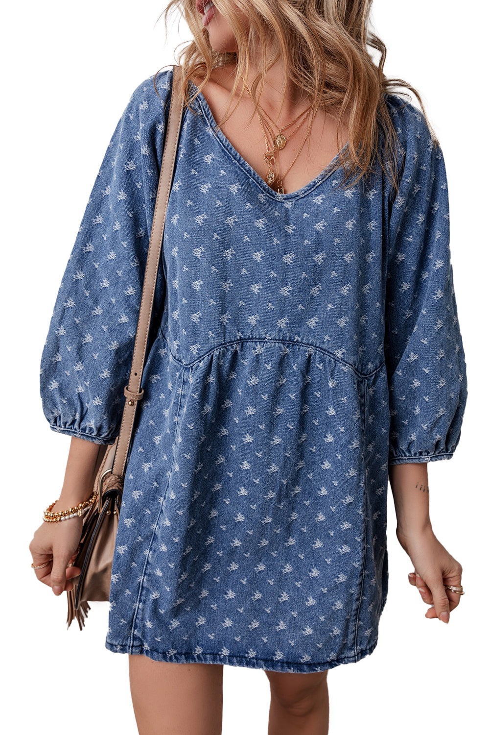 Ashleigh Blue Textured Open Back Loose Fit Denim Dress Beagle Boutique Fashion Outlet