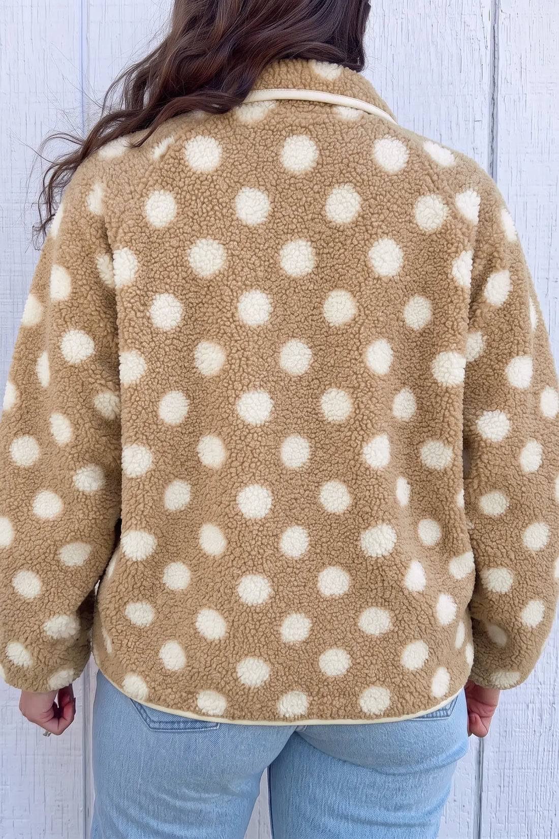 Khaki Polka Dot Faux Fur Metal Button Placket Shift Silhouette Jacket