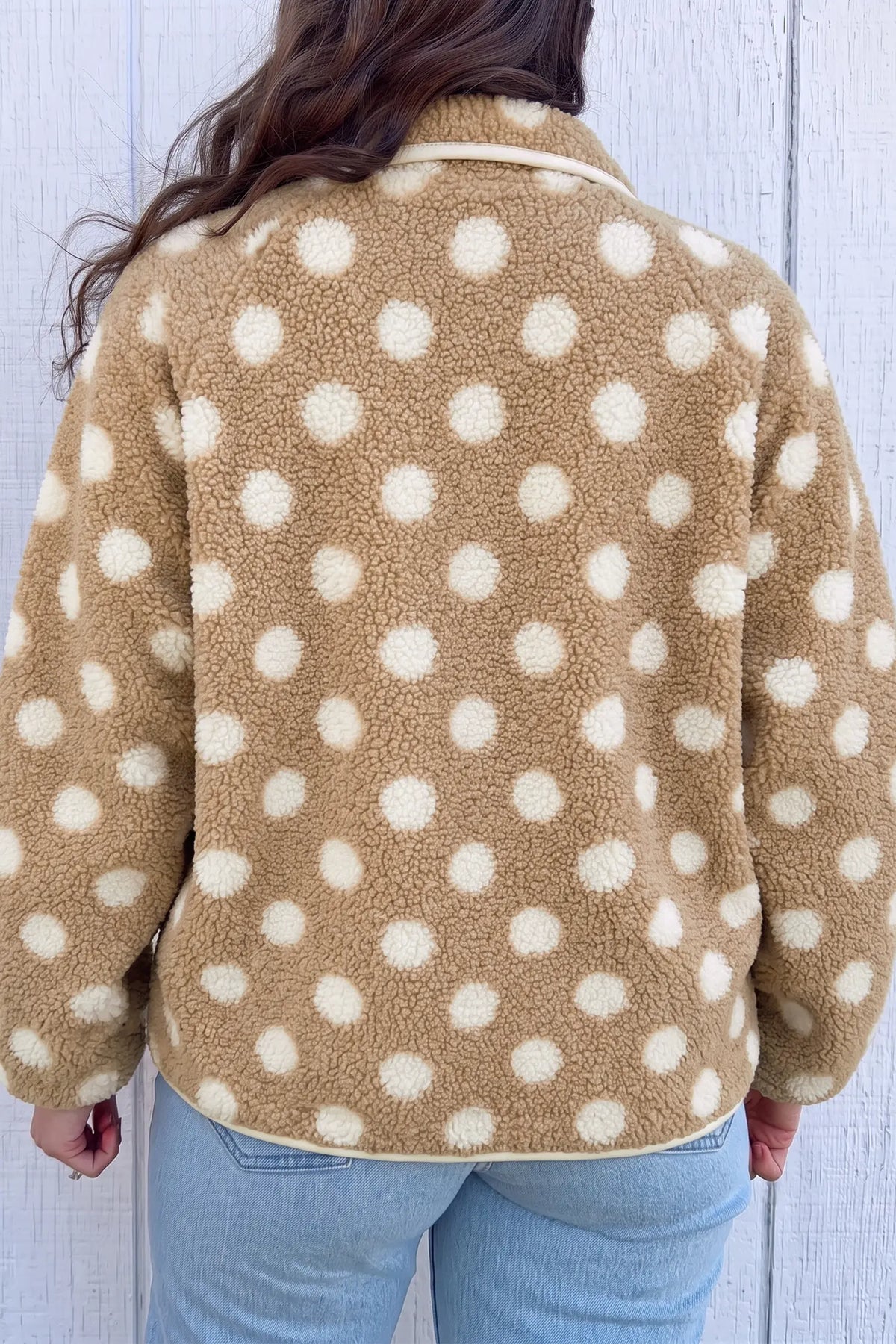 Faux Fur Jacket with Polka Dots and Metal Button Placket