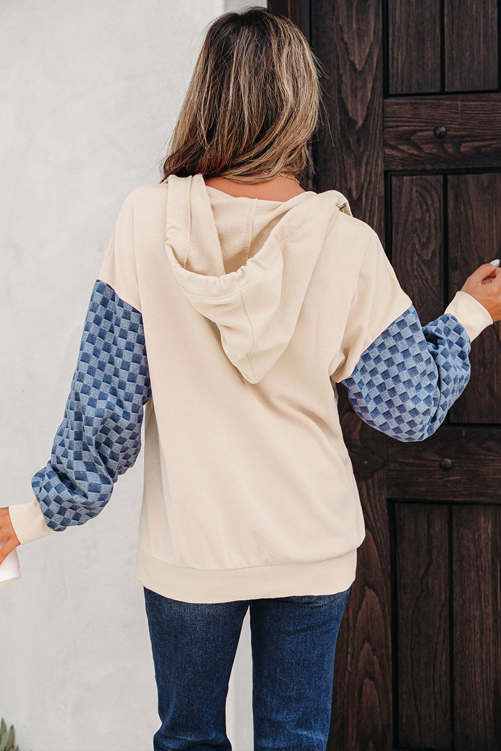 Checkered Kangaroo Pocket Half Zip Hoodie - eAura