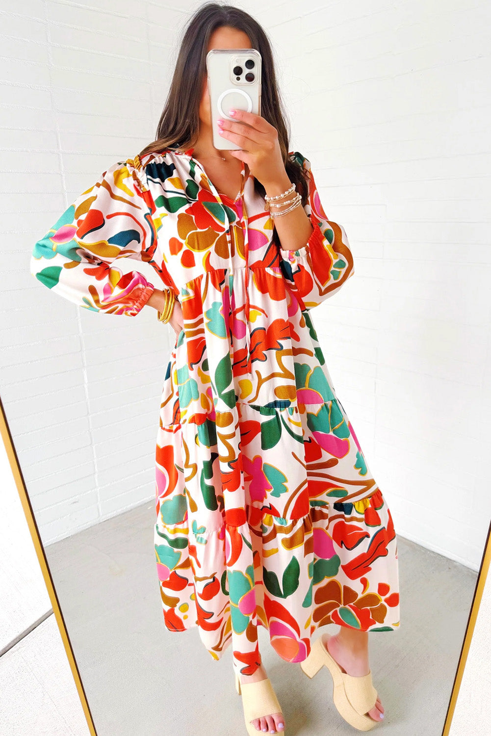 Orange Floral Print Split V Neck Tiered Maxi Dress eAura