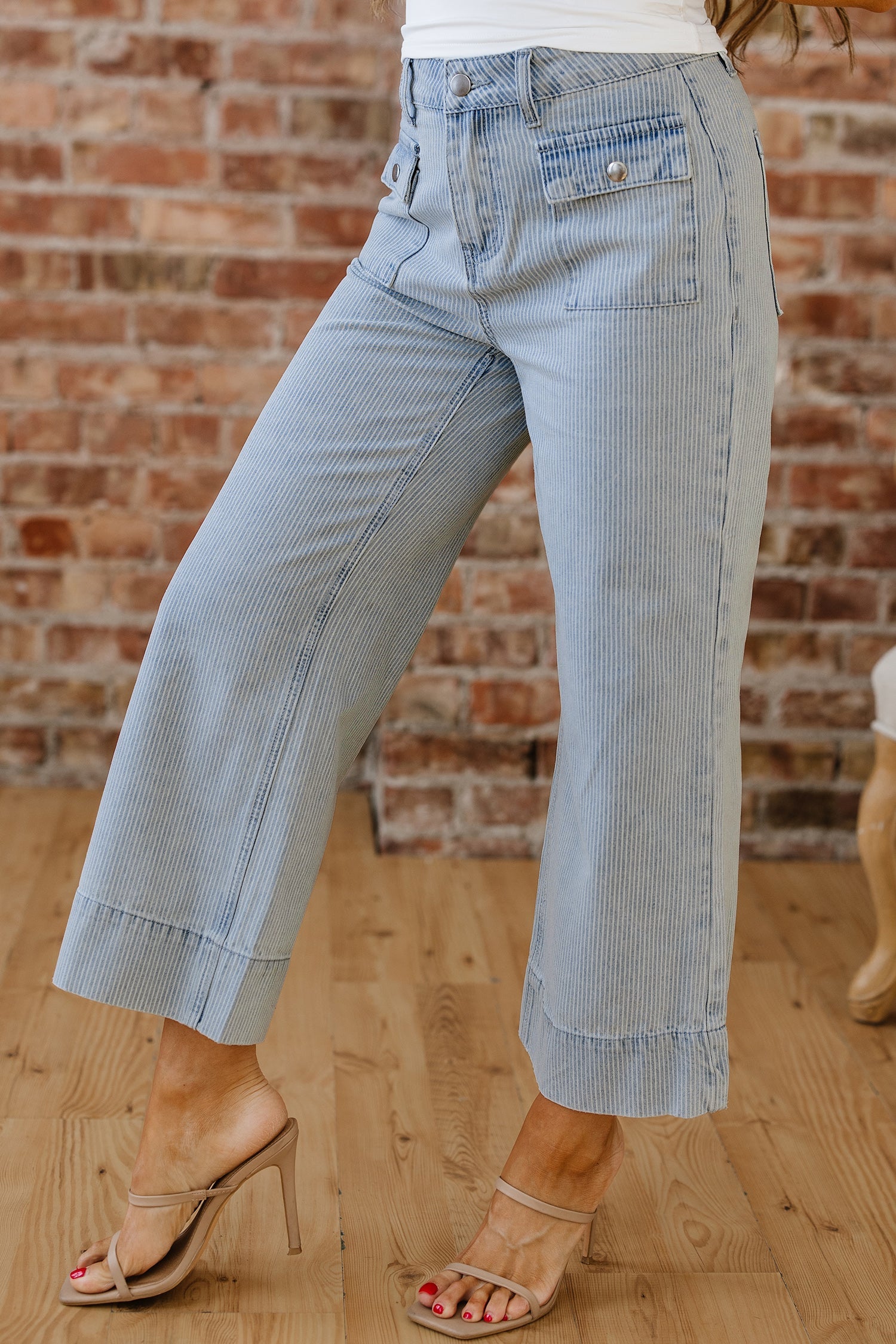 Stripe Button Flap Pocket Cuffed Hem Wide Leg Jeans - Bottoms/Jeans/WideLeg