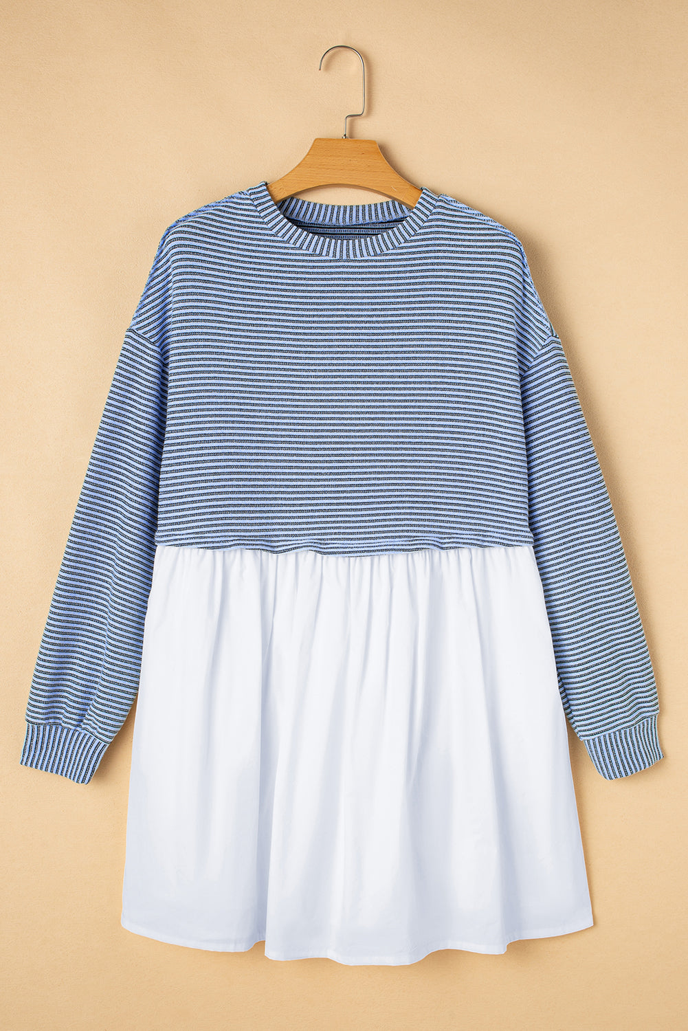 Sky Blue Stripe Patchwork Pleated High Waist Loose Mini Dress Beagle Boutique Fashion Outlet