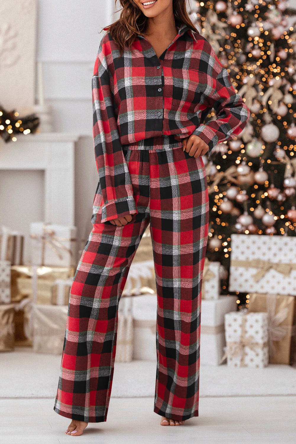 Red Christmas Checkered Pattern Loose Shirt and Pants Pyjama Set - eAura