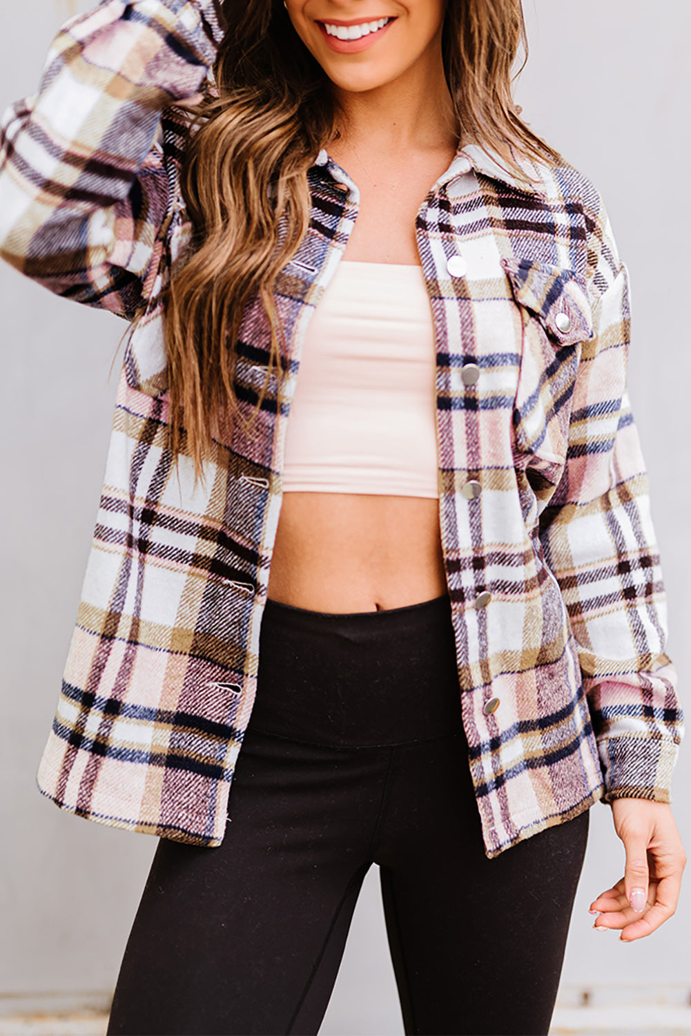 Pink Geometric Plaid Print Pocketed Shacket Beagle Boutique Fashion Outlet