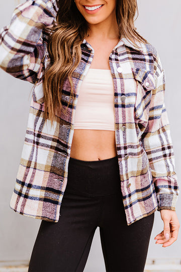 Pink Geometric Plaid Print Pocketed Shacket Beagle Boutique Fashion Outlet