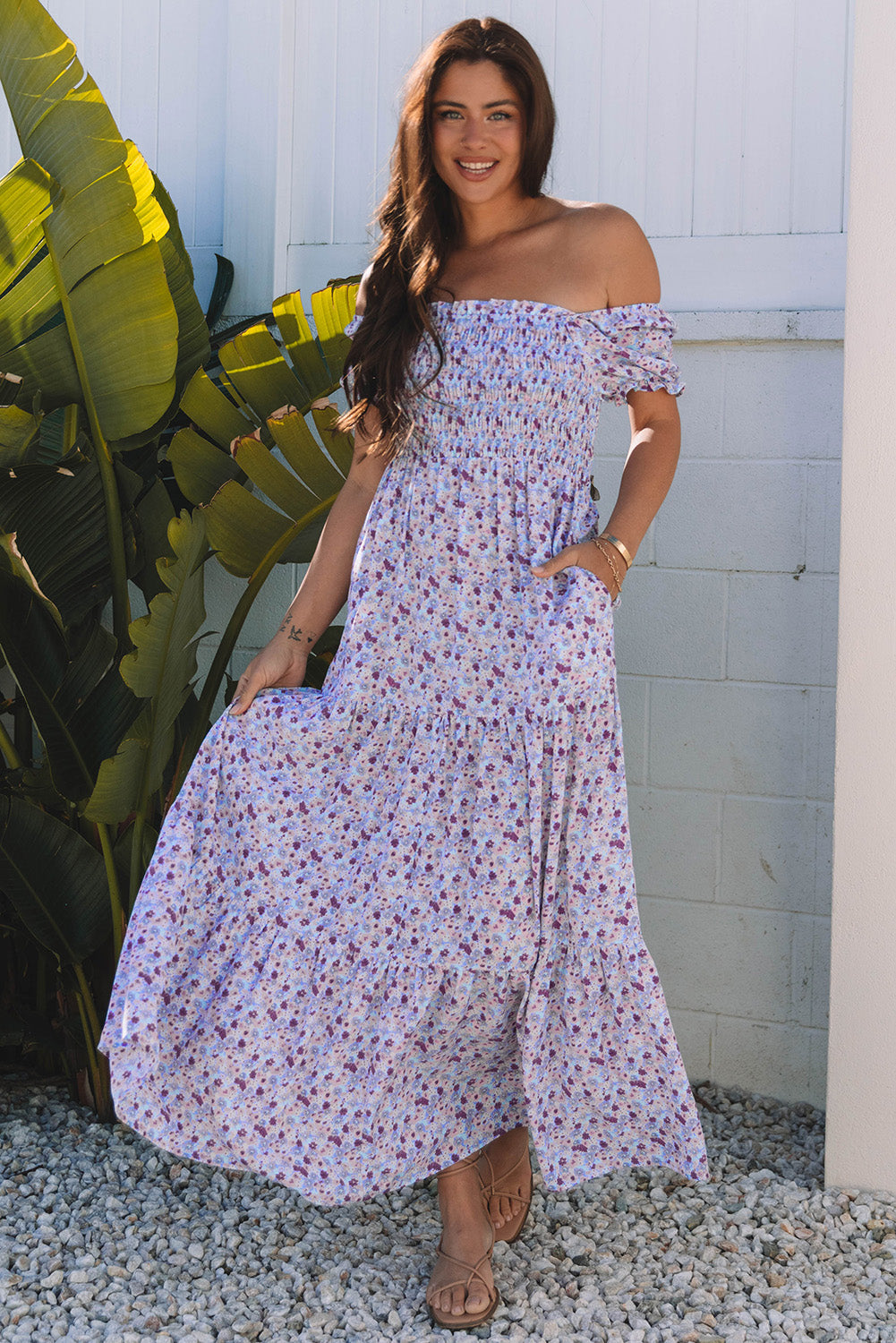 Purple Floral Short Bubble Sleeve Shirred High Waist Maxi Dress eAura