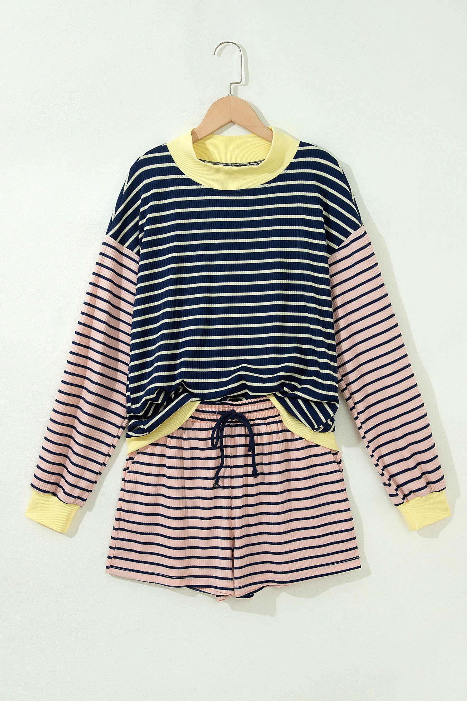 Color Block Long Sleeve Pullover Ribbed Knit Casual Shorts Set – Blue Stripe