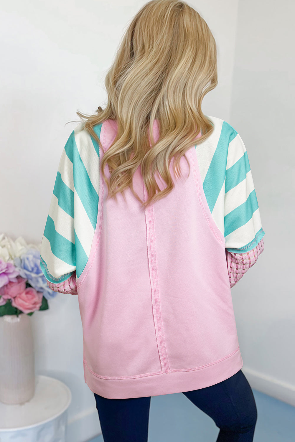 Striped Patchwork Raglan Pullover Top with Slits - eAura