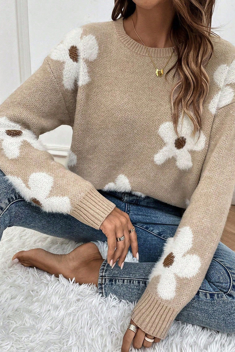 Parchment Flower Pattern Ribbed Trim Crew Neck Sweater eAura