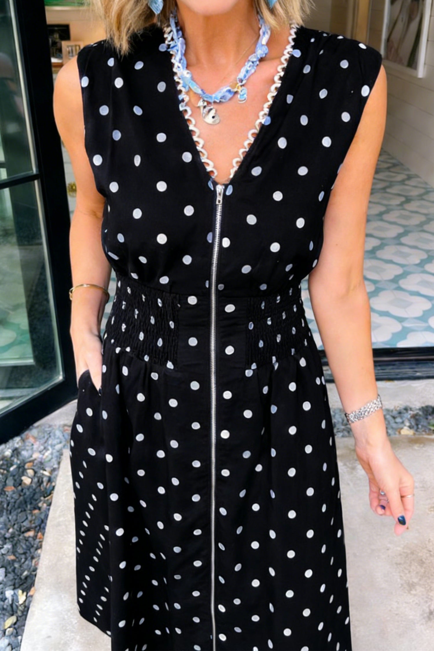 Polka Dot Print Contrast Trim V-Neck Zip Up Sleeveless Dress