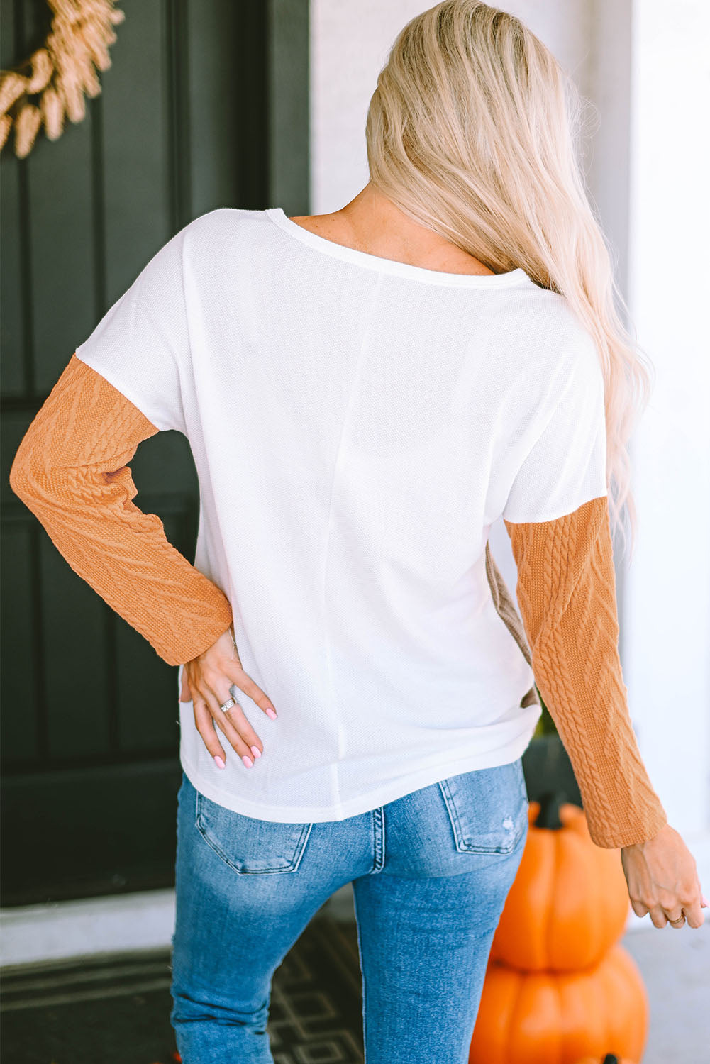 Long Sleeve Colourblock Chest Pocket Textured Knit Top eAura