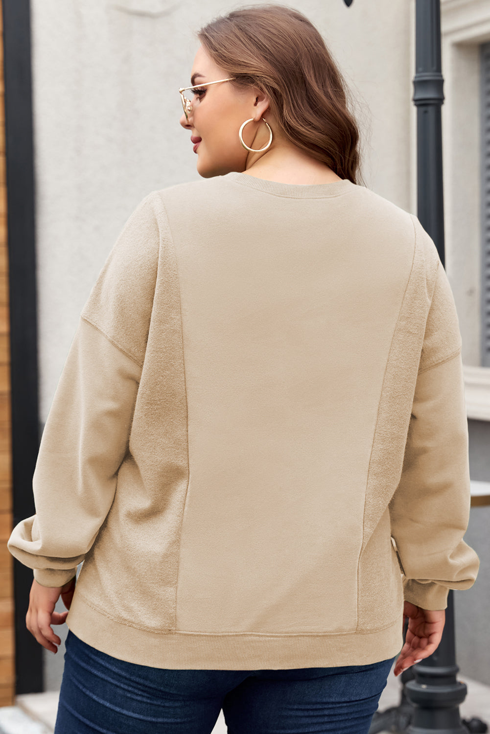 Apricot Loose Patchwork Crewneck Plus Size Sweatshirt Beagle Boutique Fashion Outlet