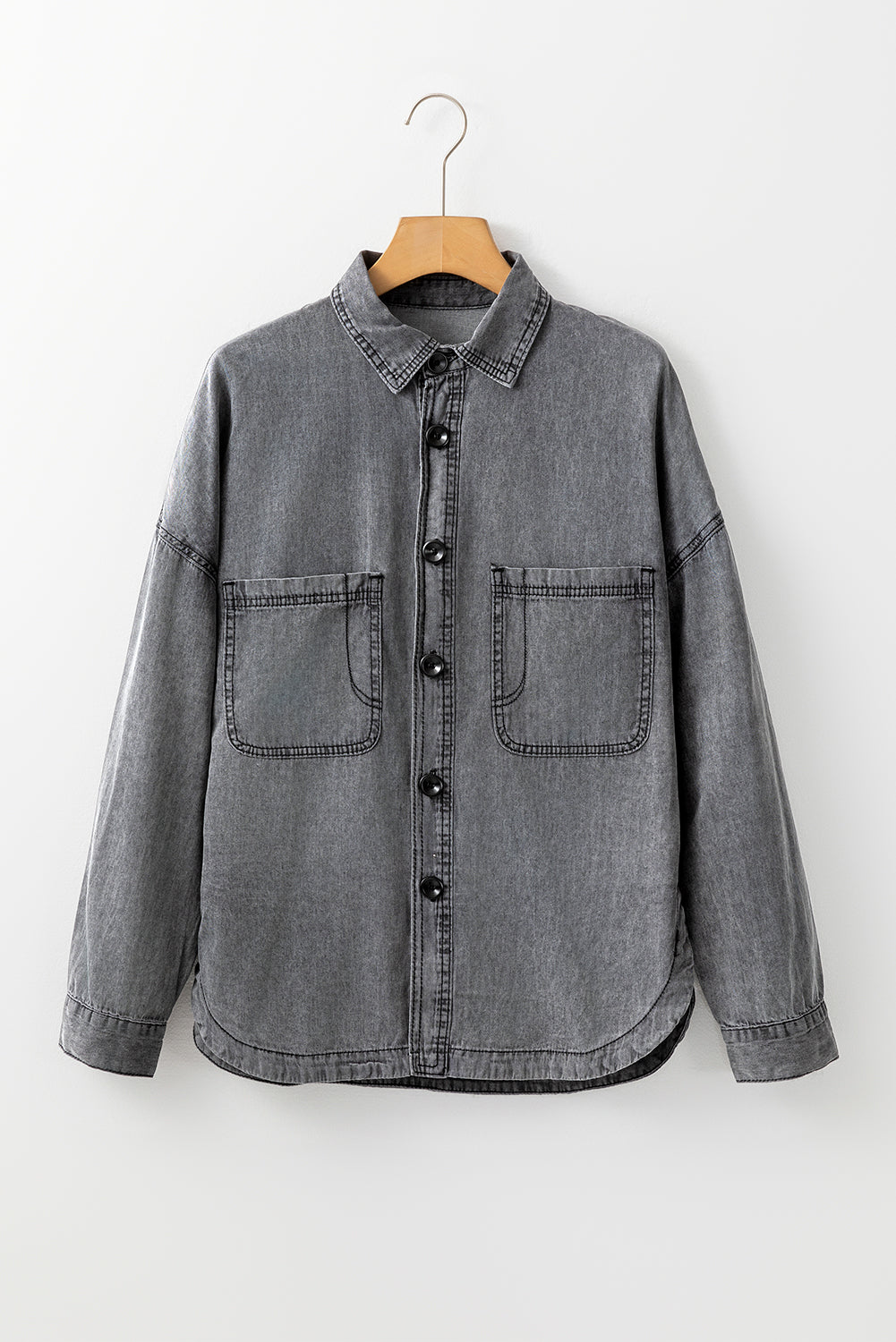 Medium Grey Mineral Wash Patched Pocket Split Denim Jacket eAura
