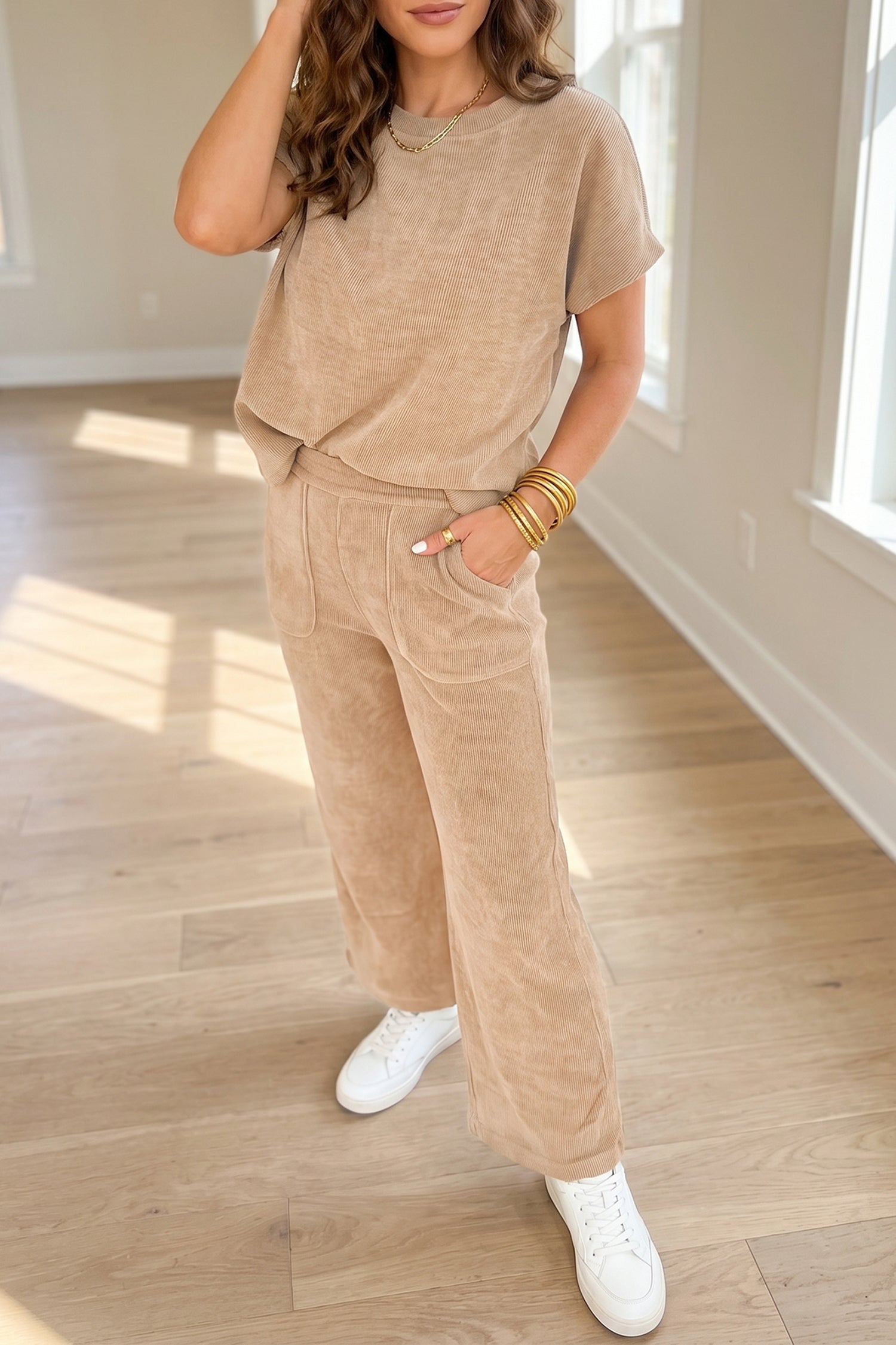 Solid Color Short Sleeve Ribbed Top Casual Pants 2pcs Set – Light French Beige