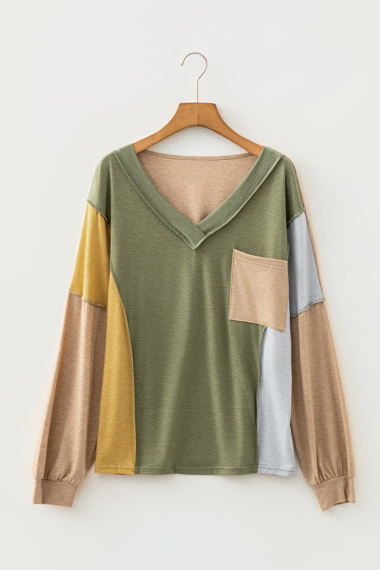 Exposed Stitching Colour-block V-Neck Long Sleeve Top