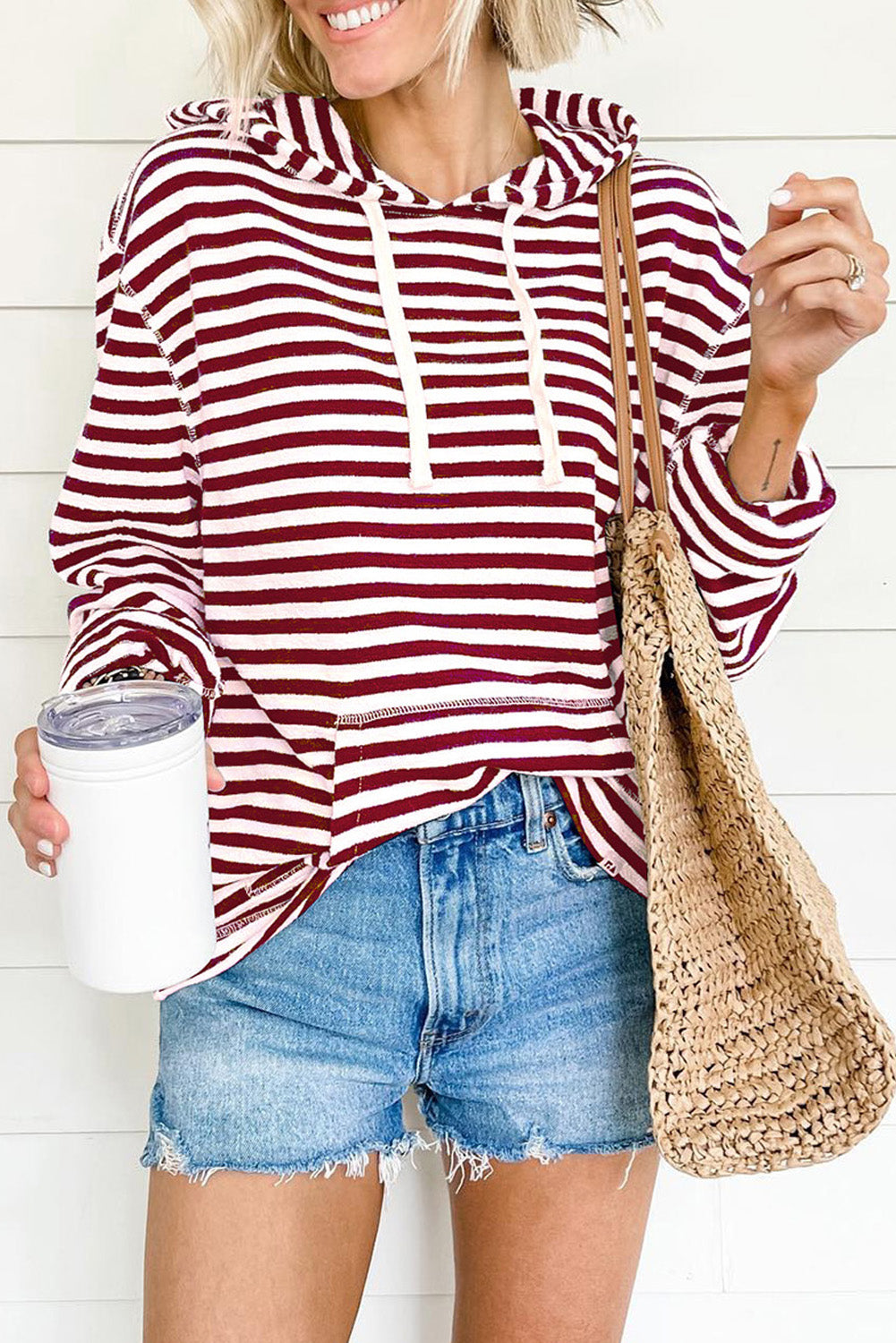 Stripe Kangaroo Pocket Drawstring Hoodie eAura
