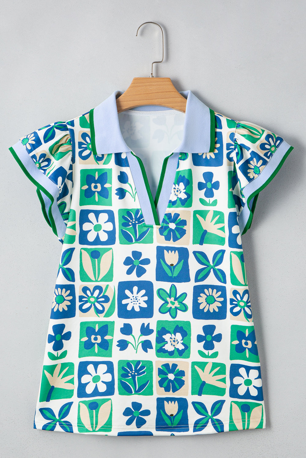 Green Floral Plaid Colourblock Trim Collar Flutter Sleeve Blouse eAura
