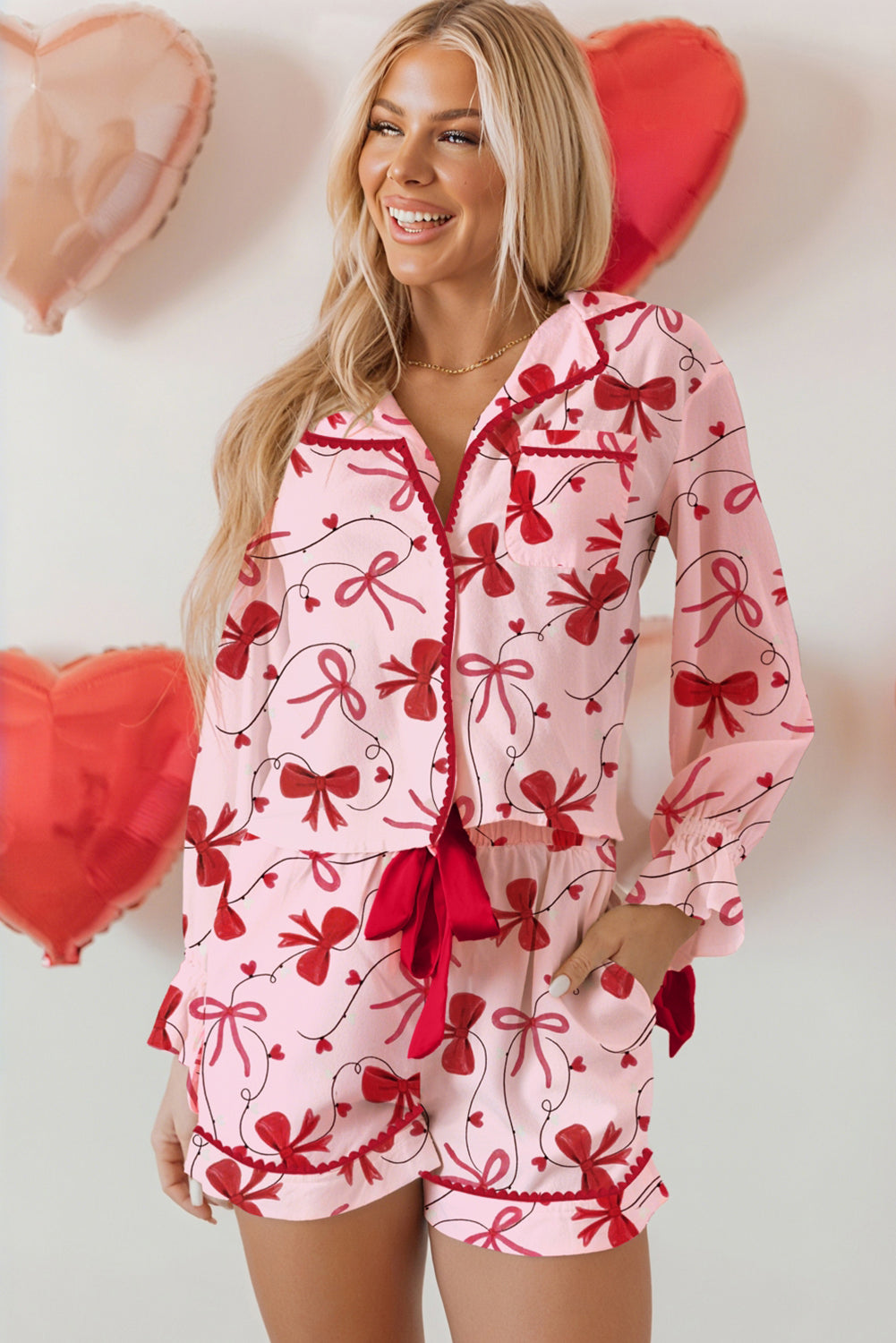Red Bow Colourblock Long Sleeve Knot Pyjama Set