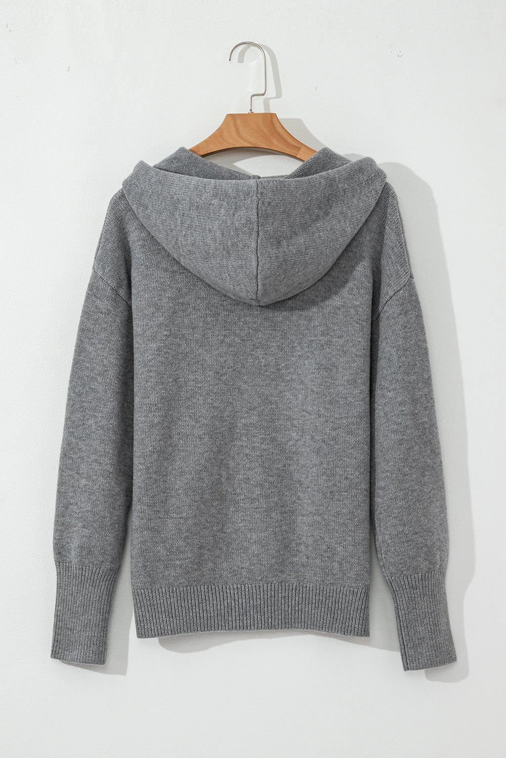 Medium Grey Drawstring Hooded Button Up Drop Shoulder Sweater Cardigan eAura