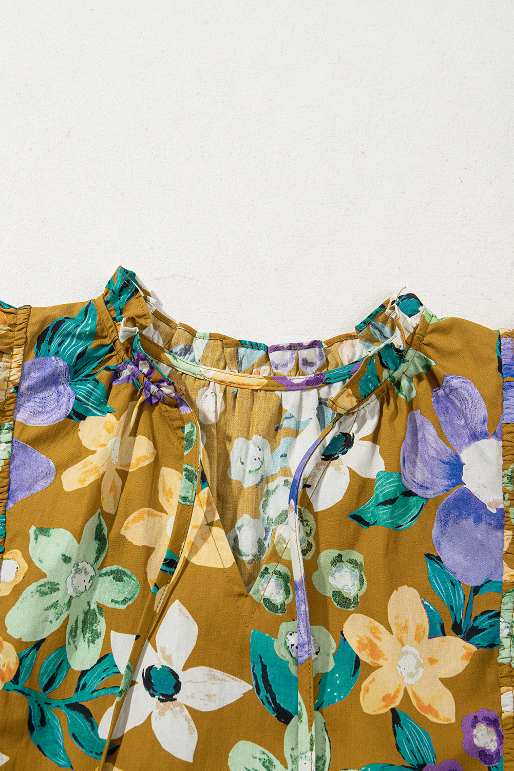 Floral Print Tiered Flutter Sleeve V Neck Top eAura