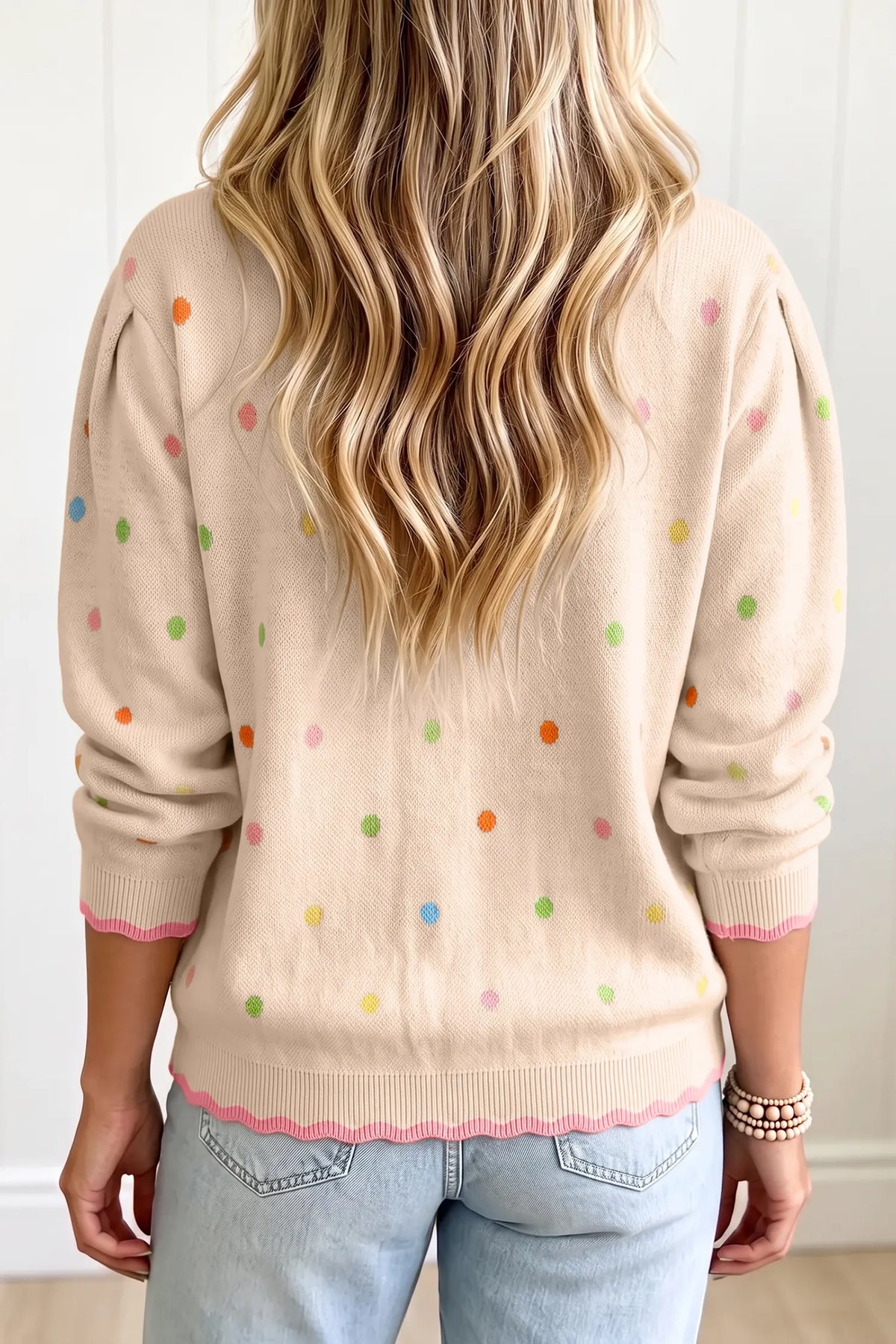 White Round Neck Polka Dot Long Sleeve Casual Shift Sweater