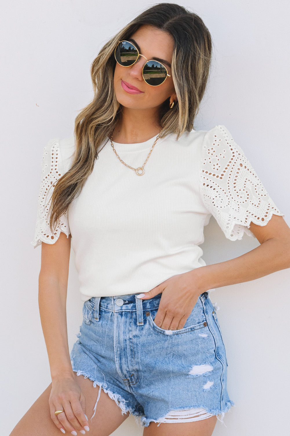 White Eyelet Pattern Short Sleeve Patchwork Ribbed Top eAura