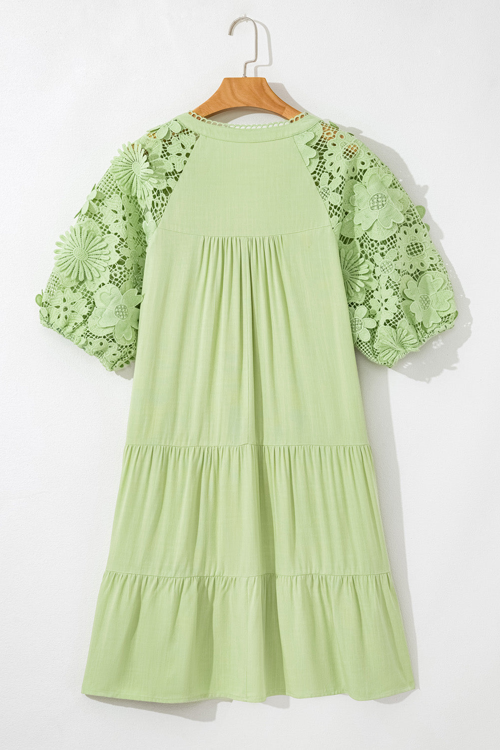 Laurel Green Floral Crochet Short Sleeve Notch V Neck Tiered Plus Size Mini Dress BB Fashion Outlet
