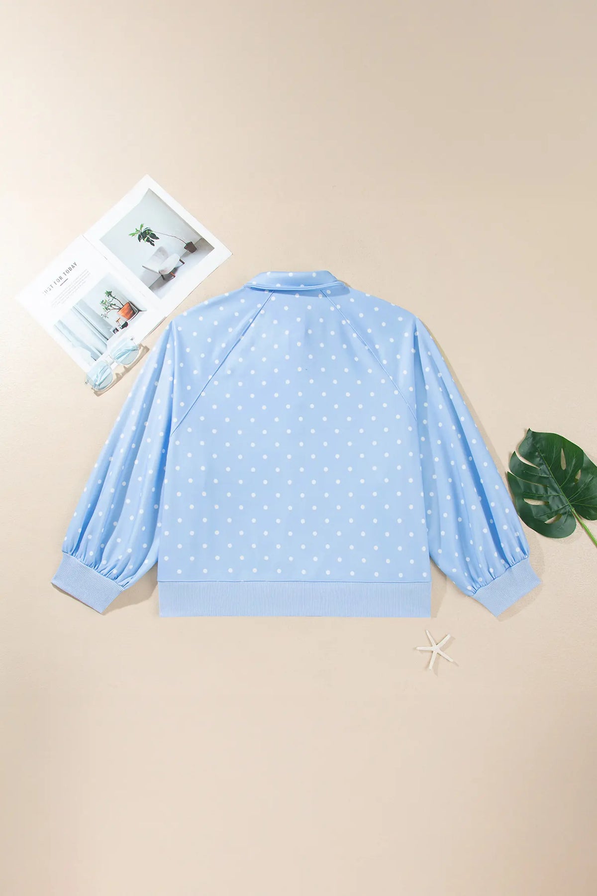 Sky Blue Polka Dot V Neck Metal Button Long Sleeve Shift Plus Size Sweatshirt – Light Blue